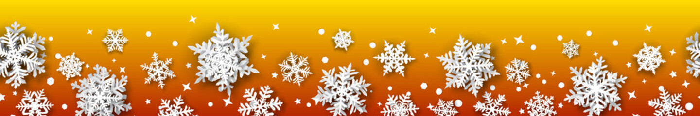 Christmas banner of paper snowflakes with soft shadows, white on orange background. With seamless horizontal repetition