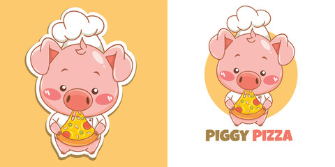 Obraz premium Cute pig chef mascot logo eating pizza slice