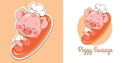 Cute pig chef mascot logo hugging sausage