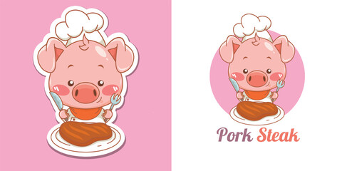Cute pig chef mascot logo eating pork steak