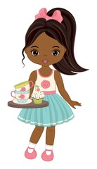 Vector Beautiful African American Girl Holding Tray with Tea Cups and Cupcake