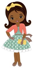 Vector African American Girl Wearing Retro Polka Dot Dress. Vector Retro Girl
