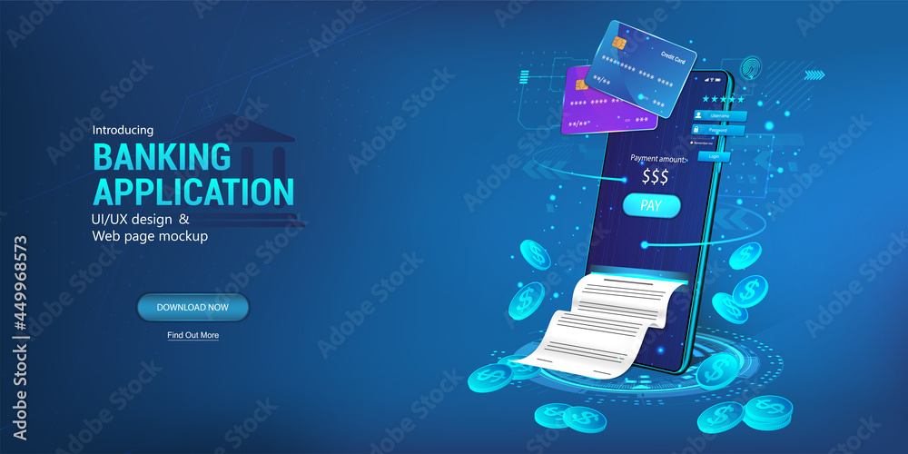 Poster Mobile wallet app with e-payment credit or debit card, documentation and receipts on smartphone App. Management and storage of money on your internet wallet and internet banking. NFC and e-payment.