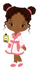 Vector Little African American Wearing Spa Robe After Shower. Vector Spa Girl