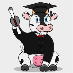 Character Cow With Graduate Custom and Certificate, White Colors Background, Mascot, Icon, Character or Logo, Vector and Illustration.
