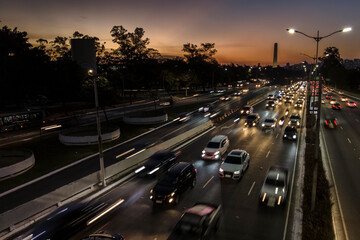 Sao Paulo, Brazil, July 14, 2021. Traffic on 23 de Maio Avenue, near of Ibirapuera Park, in Sao Paulo