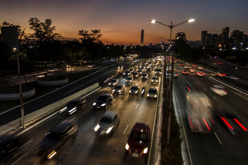 Traffic on 23 de Maio Avenue, near of Ibirapuera Park, in Sao Paulo