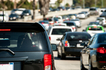 Heavy traffic congestion on the freeway near downtown Los Angeles