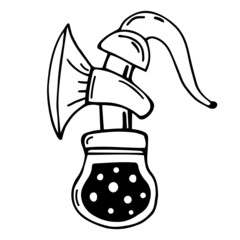 Breast pump vector icon. Hand-drawn black doodle isolated on white background. Electric automatic gadget for breastfeeding mothers. Breast milk pump stroke. Instrument outline. Monochrome.