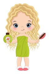 Vector Cute Little Spa Girl Wrapped in Towel. Vector Little Spa Girl