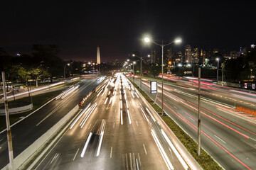 Fototapeta na wymiar Sao Paulo, Brazil, July 19, 2021. Traffic on 23 de Maio Avenue, near of Ibirapuera Park, in Sao Paulo