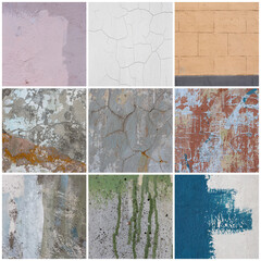 Wall texture set. Rough surfaces of the plastered and colored concrete walls with patterns of...
