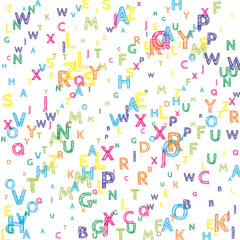 Falling letters of English language. Bright handdrawn flying words of Latin alphabet. Foreign languages study concept. Grand back to school banner on white background.