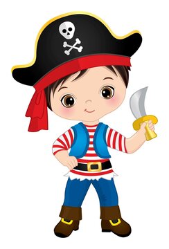 Cute Little Pirate Holding Knife. Vector Pirate