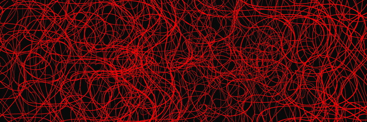 Red chaotic lines on a black background. Hand drawn lines. Tangled chaotic pattern. Vector illustration.