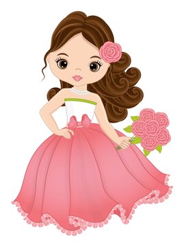 Vector Beautiful Young Girl Wearing Pastel Pink Long Dress and Holding Bouquet of Roses