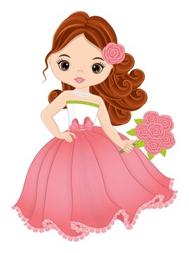 Vector Beautiful Girl in Pastel Pink Long Dress with Roses