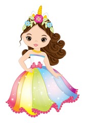 Obraz na płótnie Canvas Beautiful Young Unicorn Girl Wearing Long Rainbow Dress and Horn with Flowers. Vector Unicorn Girl
