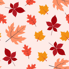 Autumn leaves. Seamless pattern in flat design Colorful fallen maple leaves on light pink background