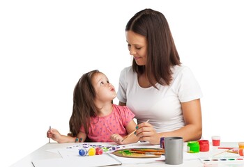 Woman and child learn.