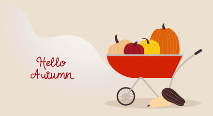 Pumpkins Vector illustration with copy space in flat design Autumn harvest in red trolley on wavy beige background