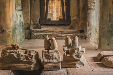 Ancient Angkor Wat Ruins Panorama. Beautiful Medium shot of empty Angkor Wat temple complex. Banteay Srei Temple. Siem Reap, Cambodia