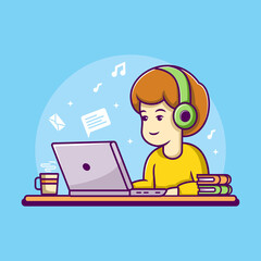 Man working on laptop illustration. work from home cartoon character