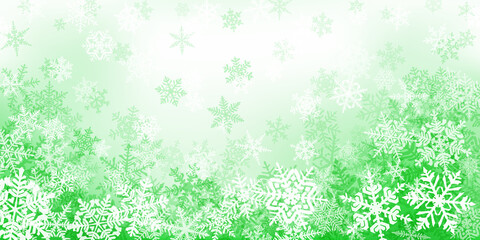 Background of complex Christmas snowflakes in green colors. Winter illustration with falling snow
