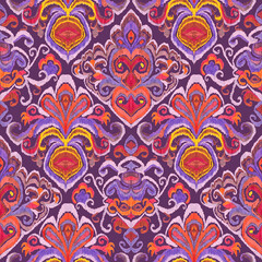 Colorful ikat pattern in vintage style. Elegant ethnic background. Hand drawn oriental art. Seamless geometric vintage texture.	