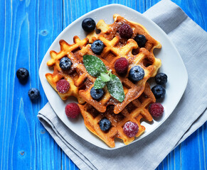 Homemade Belgian waffles served with fresh berries on white plate over wooden background