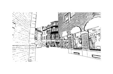 Building view with landmark of Halle is a city in central Germany. Hand drawn sketch illustration in vector.