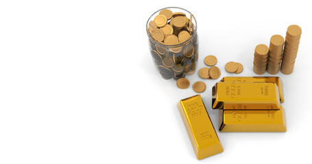 3D illustration of gold coins in transparent glass jar and 1000g gold bar on isolated white background