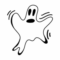 Vector halloween ghost clipart, icon and coloring. Funny, cute illustration for seasonal design, textile, decoration kids playroom or greeting card. Hand drawn prints and doodle.