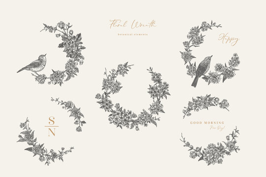 Floral wreaths and birds. Black.