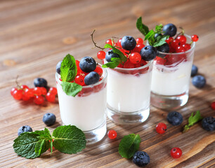 White yogurt with fresh berries in glass jar, on wooden background.