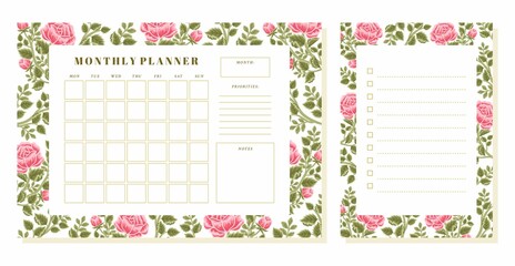 Set of printable floral monthly planner, note, memo vector template with rose, peony flowers, botanical leaf elements for school scheduler, seasonal events, reminder, bullet journal, journaling