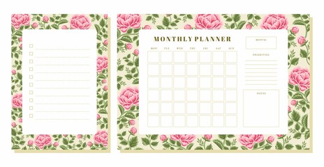 Set of printable floral monthly planner, note, memo vector template with rose, peony flowers, botanical leaf elements for school scheduler, seasonal events, reminder, bullet journal, journaling