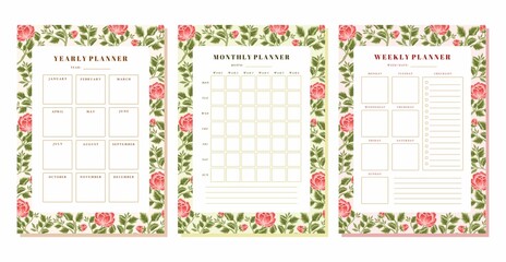Set of printable floral yearly, monthly and weekly planner vector template with rose, peony flower, botanical leaf elements for school scheduler, seasonal events, reminder, bullet journal, journaling