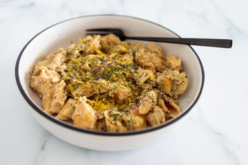 vegan creamy artichoke pasta with homemade dairy-free bechamel sauce, healthy plant-based food