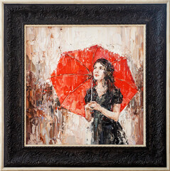 Girl with a red umbrella. Framed oil painting on canvas.