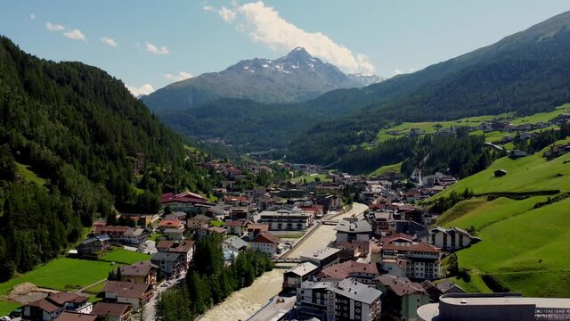 Famous village of Soelden in Austria - Solden from above - travel photography by drone