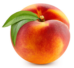 One peach fruits isolated on white background. Isolated peach. Peach with clipping path