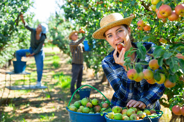 Young attractive girl farmer in straw hat bite off a piece of pear at summer garden