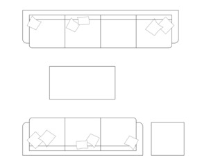 2D CAD plan drawing various sizes and designs of sofa set complete with coffee table. Drawings come in black and white. The drawing is normally drawn by an architect or interior designer. 