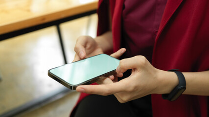 Cropped shot, businesswoman hone in hands, phone blank screen