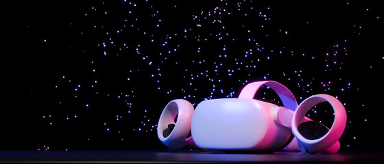 VR headset and controllers on shining stars, dark galaxy space background, neon light