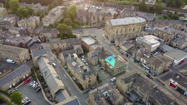 Aerial Drone Yorkshire Town at Sunset with Traffic
