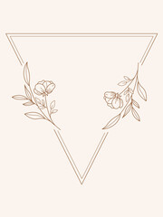Floral Wreath branch in hand drawn style. Floral Triangle Brown and pink. frame of twigs, leaves and flowers. Frames for the Valentine's day, wedding decor, logo and identity template.