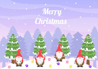 Fototapeta na wymiar Merry Christmas Cute Cartoon Dwarf little fantasy, Santa Claus And Elves Characters. Tree or Gifts As An Additional Background Vector Illustration