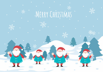 Merry Christmas Cute Cartoon Dwarf little fantasy, Santa Claus And Elves Characters. Tree or Gifts As An Additional Background Vector Illustration